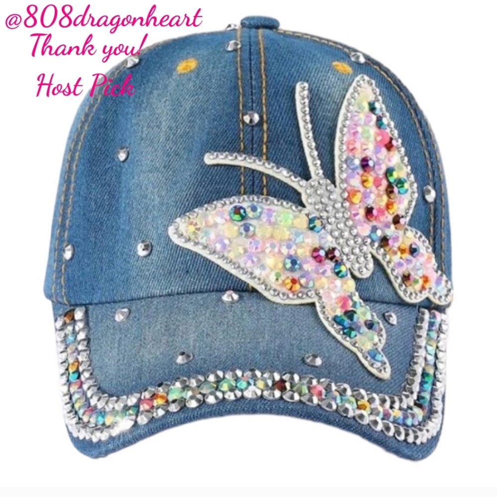 Blue Denim Rhinestone Bling Butterfly Baseball Cap Hat Studs Bling - Picture 2 of 7